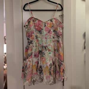 NWT Hemant & Nandita Floral Multicolor Lace-Trim Mini Dress
